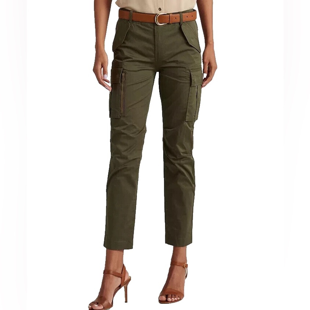 NWT Lauren Ralph Lauren Womens Olive Green High Rise Flat Front Cargo Pants 18W